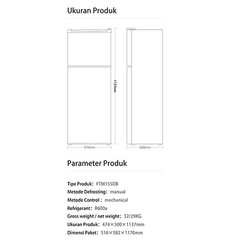 Changhong  Kulkas 2 Pintu  (Refrigerator) Lemari Es  Kapasitas 122 Liter FTM155DB Black (Semi Auto Defrost) (Kulkas Minimalis Design Korean Look) (Kulkas Fleksibel) (Kombinasi Pendingian Dan Pembekuan) ( Kulkas Temperred Glass)