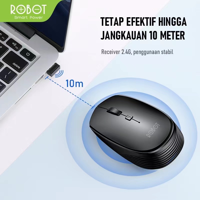 Mouse Wireless ROBOT M205 Optical 2.4Ghz Power ON/OFF 1600DPI Receiver USB untuk PC Laptop - Garansi Resmi 1 Tahun