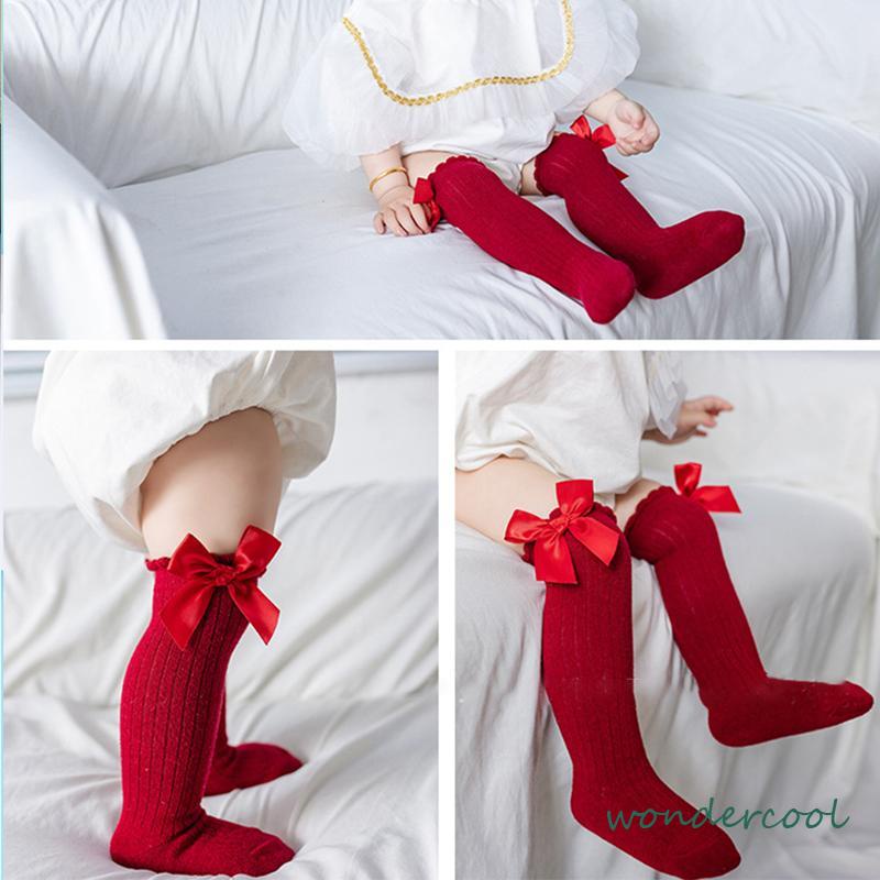 Pria dan Girls Pure -Colored Striped Long Socks di Socks of Bow Tengah -Won