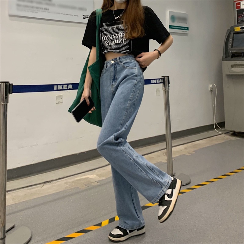 New  Korean Style Biru muda high waist straight celana jeans panjang wanita