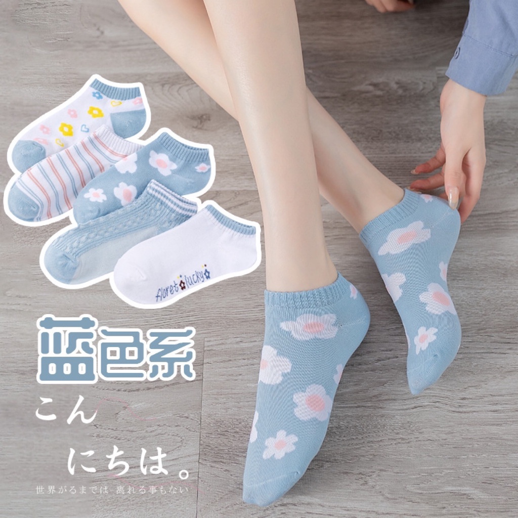 MURMURE.ID | KAOS KAKI WANITA MOTIF BUNGA BIRU FASHION KOREA WOMEN SOCK IMPORT MURAH CS056-1