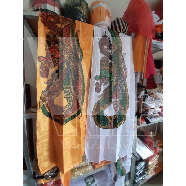 umbul umbul, rontek, motif naga lukis, bahan kain peles ukuran panjang 5m