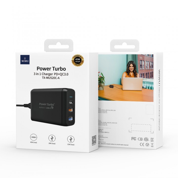 WIWU POWER TURBO TX-MU520C-A - 1 PD and 2 USB Charger QC3.0 - 65W MAX