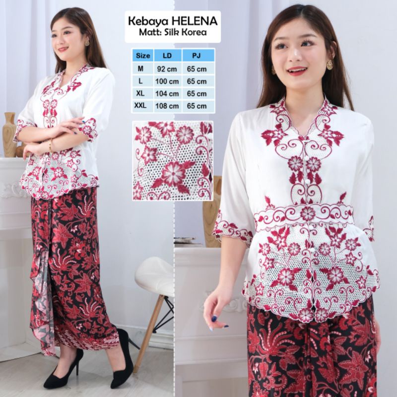 Atasan Kebaya encim modern katun silky import kombinasi brukat bordir lengan 3/4 senada wanita-3