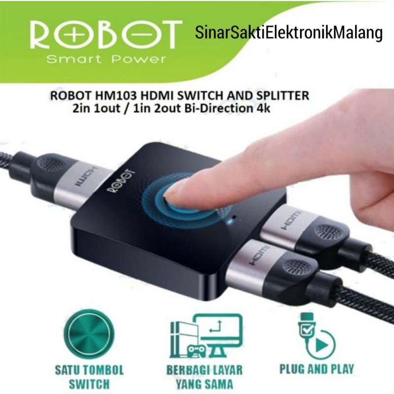 Robot HDMI Splitter &amp; Switch 2 in 1 port 4k Pembagi Cabang Layar 2in1