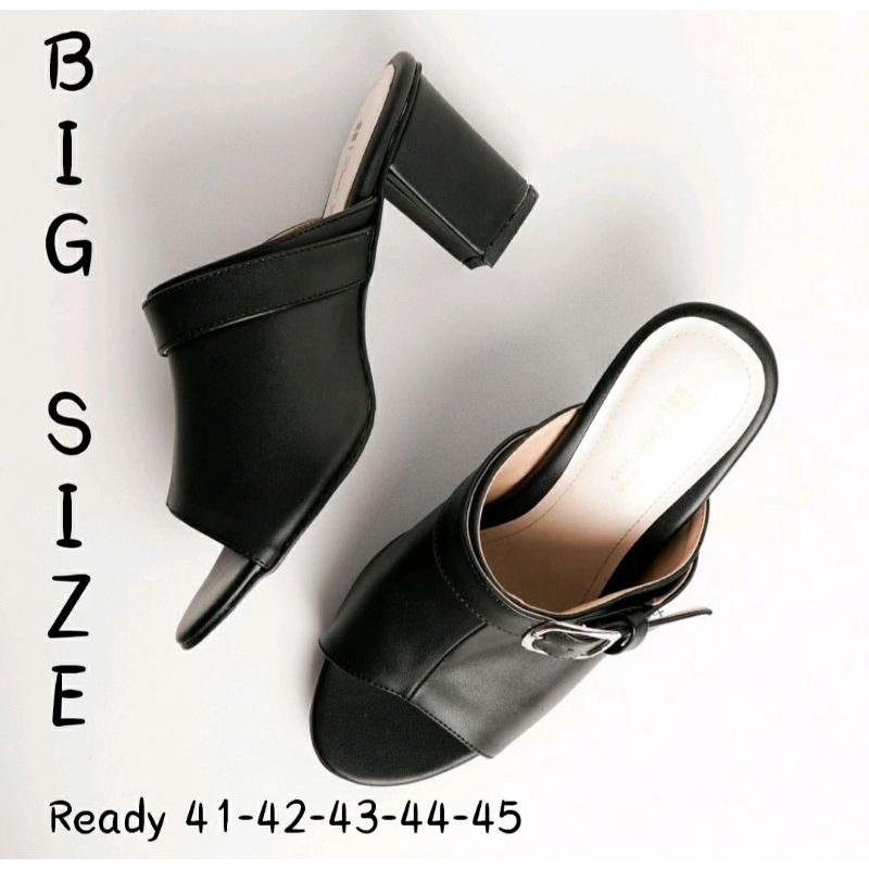 Sepatu Heels Kulit Big Size 41-45 / Slop Oversize Semi Formal Kulit Kantoran Hak 7cm Pesta Premium Hak Tahu Ukuran JUMBO Besar Hitam,45