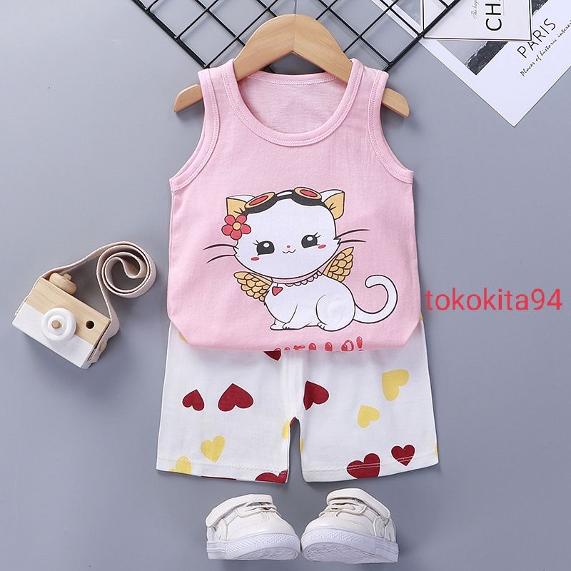 Setelan Singlet Anak  Import Laki Perempuan Motif Kartun - 1Set Singlet Anak Usia 6 Bulan sampai 4 Tahun - Setelan Anak Atas Bawah Korean Style Bahan Adem - Setelan Baju Anak Import