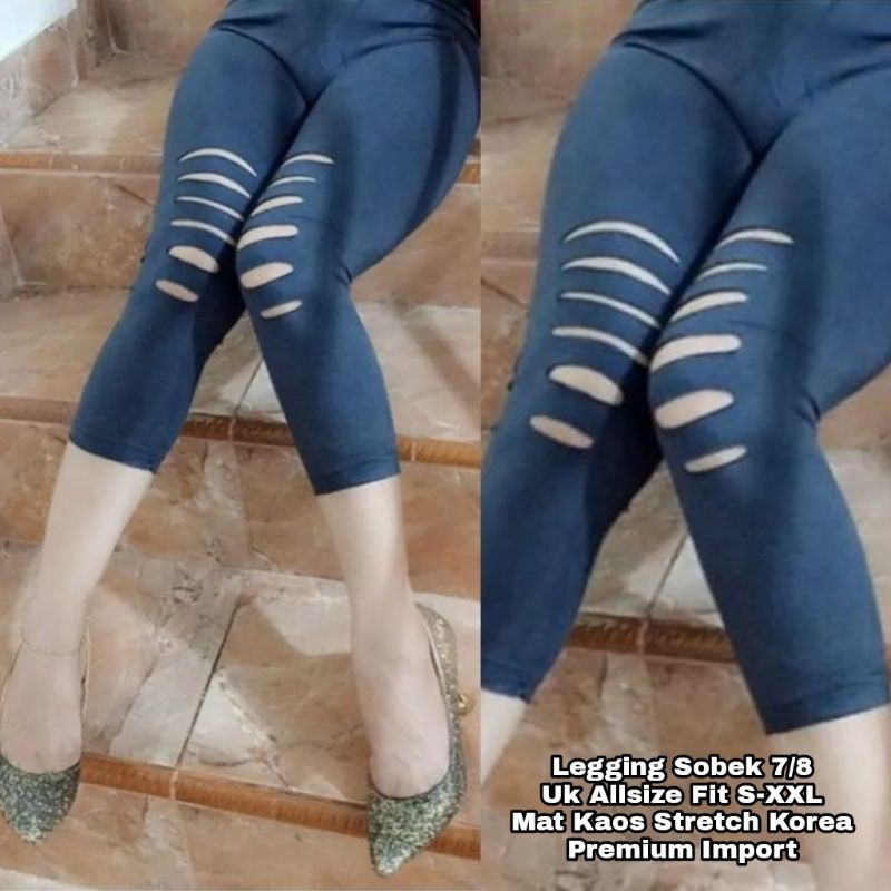 Celana Legging 7/8 Wanita Import Premium Motif Sobek Kekinian  / Legging Sobek Wanita