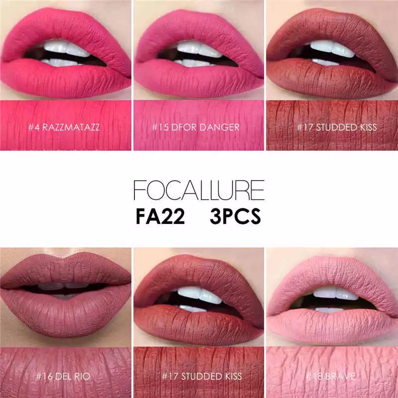 (READY&amp;ORI) Focallure 3 Pcs Matte Lipstick Crayon Kit FA22 FA 22 Paket Ombrer Viral Lip Matten Satin Tahan Lama Waterproof