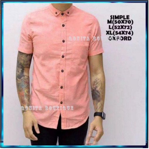 Kemeja Pria Lengan Pendek Polos Cowok Baju Pria Premium Distro Katun Soft Pink Merah Muda XL |QB03-SOFT ORANGE