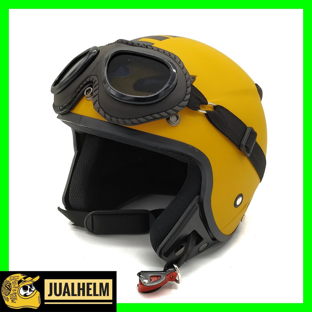 Helm JPN MOMO Retro Yellow Doff + Goggle One (Bogo / Vespa / Classic / Klasik)