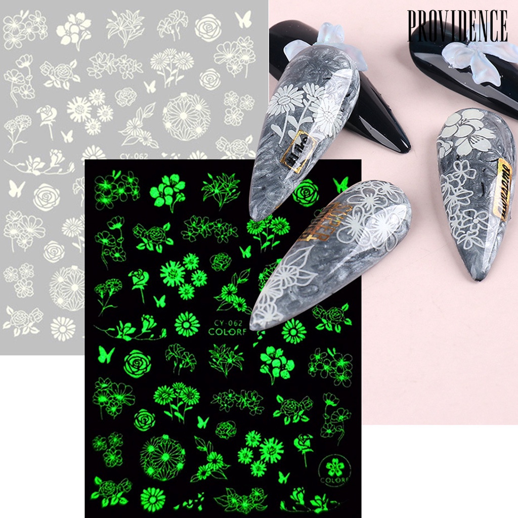 Providence 9pcs / Set Stiker Kuku Motif Kupu-Kupu / Bunga 3d Glow In The Dark Untuk Nail Art Butterfly