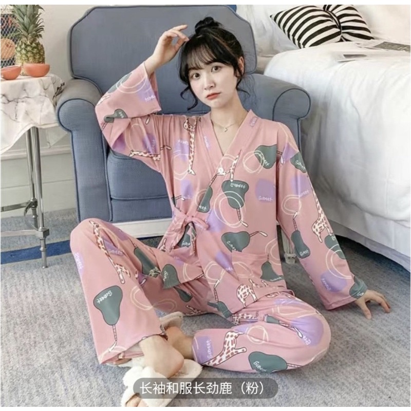 PIYAMA MUSLIMAH KAOS SPANDEX IMPORT KIMONO SET CELANA PANJANG SIZE M BAJU TIDUR FREE PENUTUP MATA