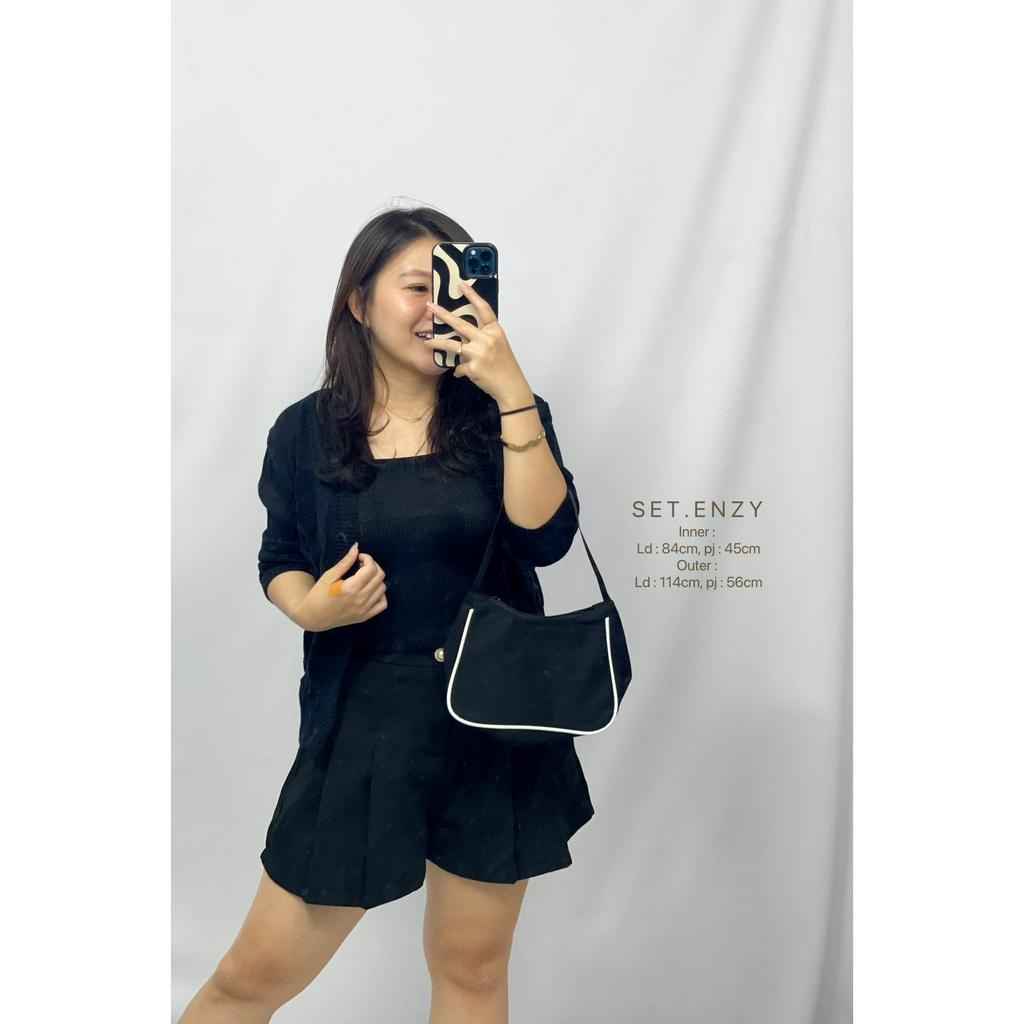 Setelan Atasan Cardigan Tank Top Wanita Bahan Rajut Halus Set Enzy HOPYLOVY