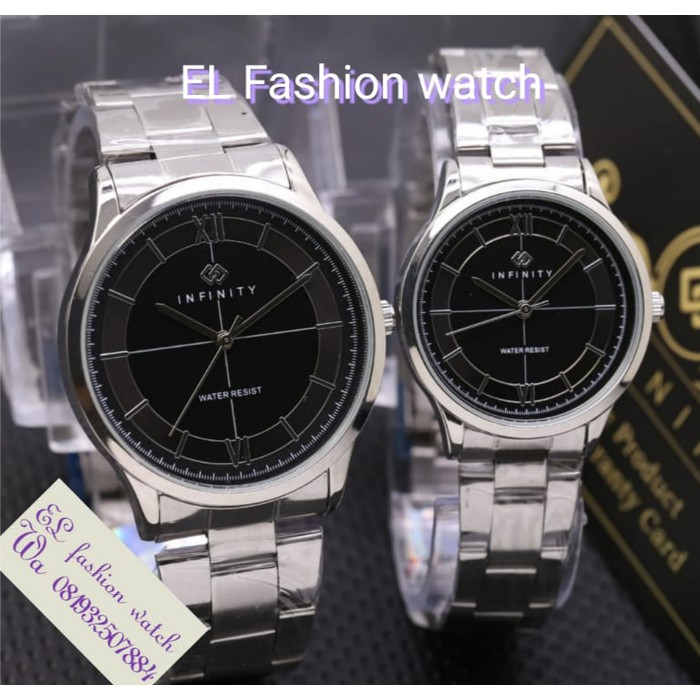 JAM TANGAN COUPLE INFINITY RANTAI SILVER PLAT HITAM ORIGINAL