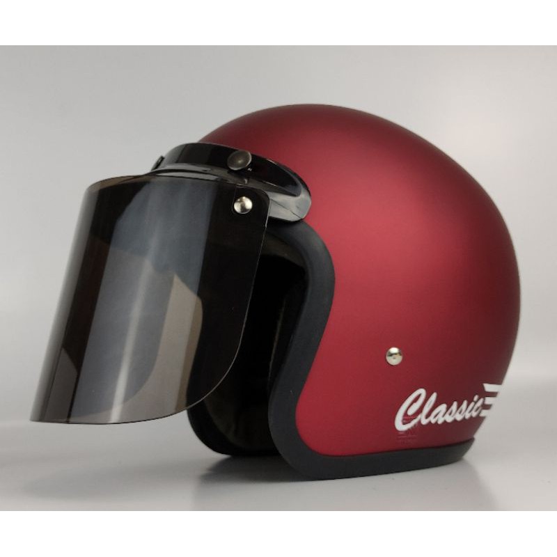 Helm Bogo Retro Dewasa Classic Garis Polos Murah Maroon Doff kaca Datar Smoke