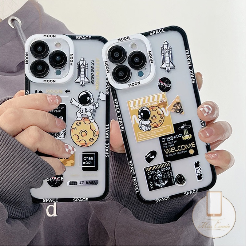 IPHONE Ins Astronot Planet Luar Angkasa Pasangan Ponsel Bening Case Kompatibel Untuk Iphone11 7 8 6 6s Plus 12 13 11 14 Pro MAX 7Plus XR X SE 2020 XS MAX Transparan Menebal Silikon Lembut TPU Cover