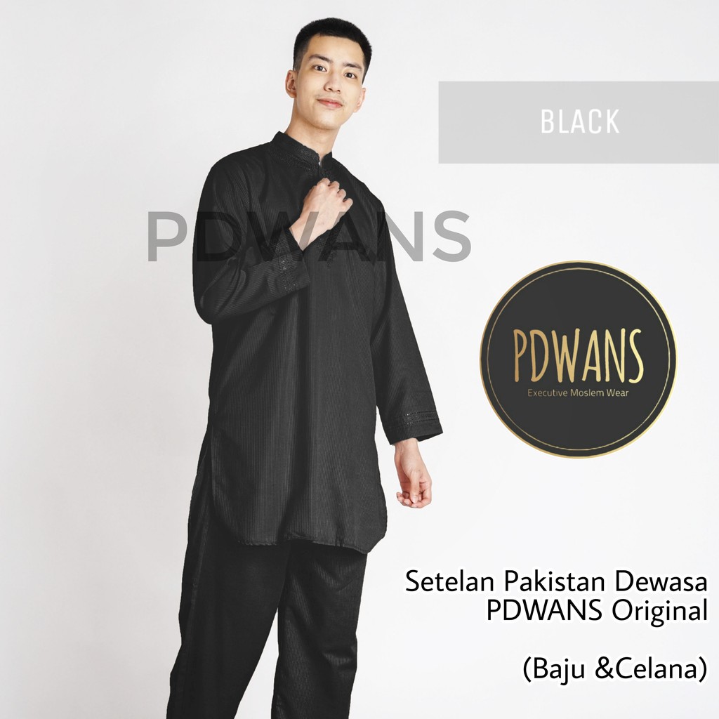SETELAN PAKISTAN DEWASA Seri WARNA Baju Koko Bordir Muslim BAJU UMROH Pria - PDWANS PAKISTAN-WRN-HITAM