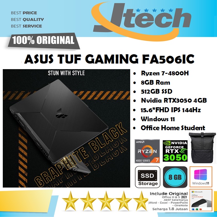 ASUS TUF GAMING A15 FA506IC - RYZEN 7-4800H - 8GB - 512GB SSD - RTX3050 4GB - 15.6'FHD IPS 144Hz - WIN11 - OFFICE HOME STUDENT
