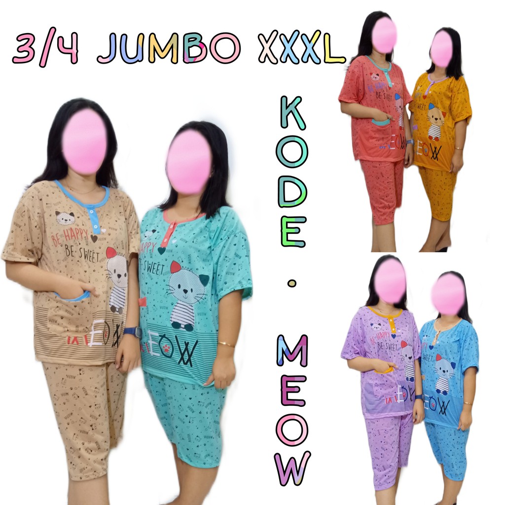 Baju Tidur Wanita 3/4 Jumbo NB Bahan Tebal MEOW HOKI WARNA ACAK