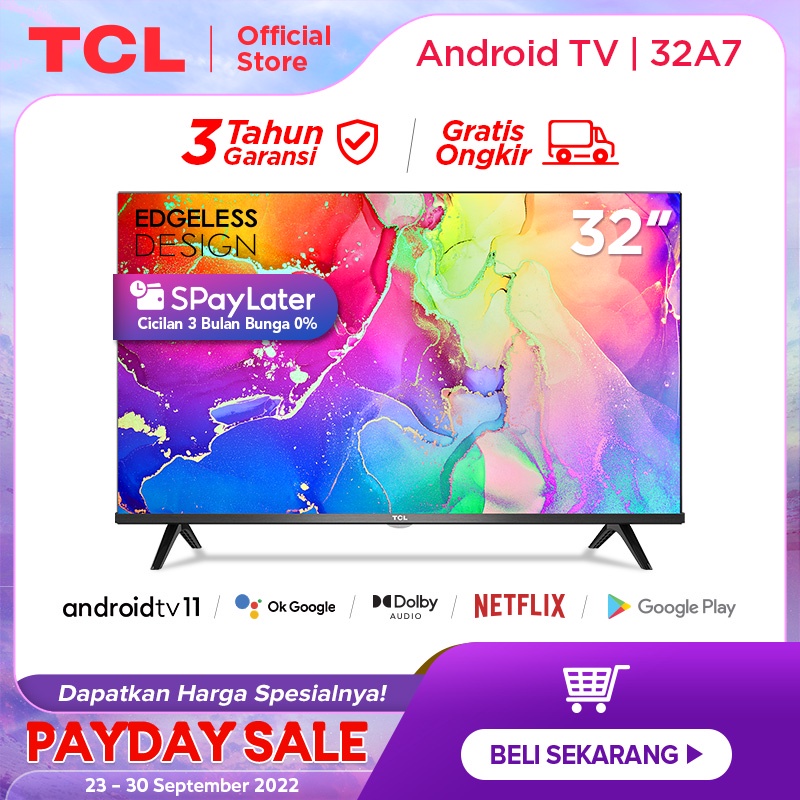 TCL 32 inch Smart LED TV - Android 11.0 - Frameless - HD - Google Voice/Netflix/YouTube - WiFi/HDMI/USB/Bluetooth - Dolby Sound (Model : 32A7)
