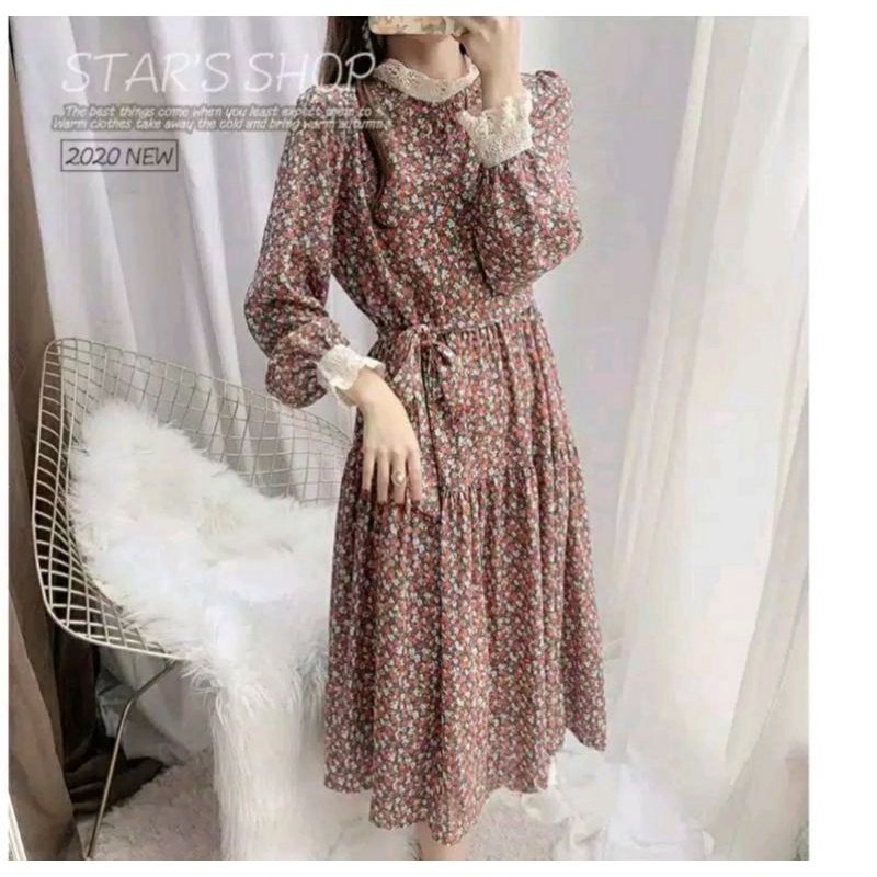 Dress motif bunga lengan panjang import