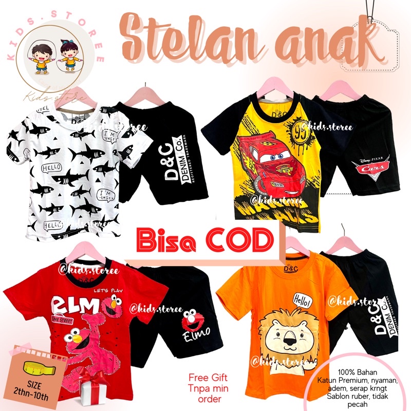 Baju Setelan anak laki laki umur 1 2 3 4 5 6 7 8 9 10 tahun size 2-10 thn stelan cars elmo lion kaos
