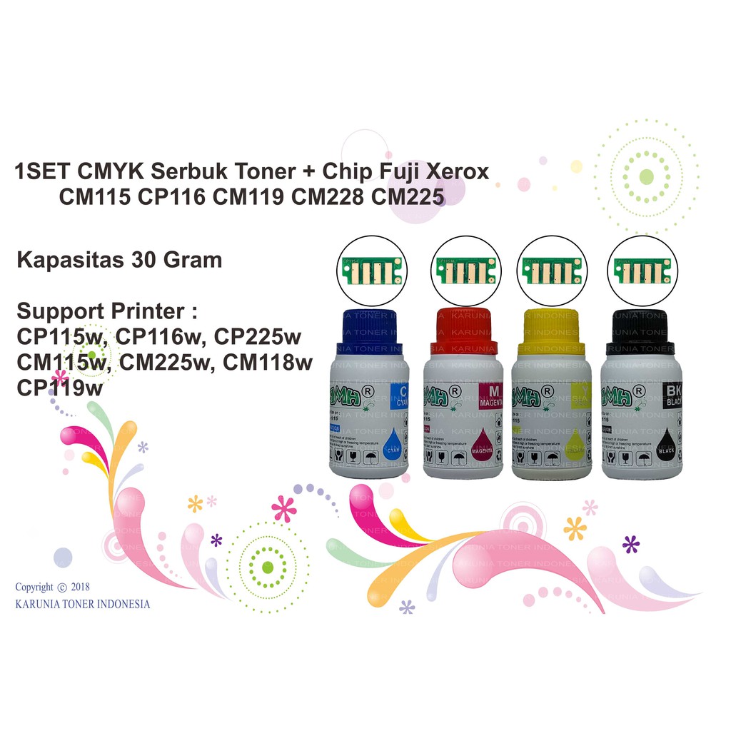 1SET CMYK Serbuk Toner + Chip Fuji Xerox CM115 CP116 CM119 CM228 CM225