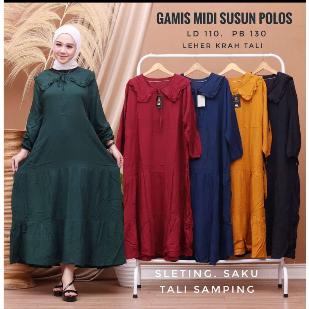 GAMIS CANDA POLOS PANJANG BAJU GAMIS MUSLIM DEWASA GAMIS LENGAN PANJANG KERUT RESLETING DEPAN BUSUI PINGGANG TALI