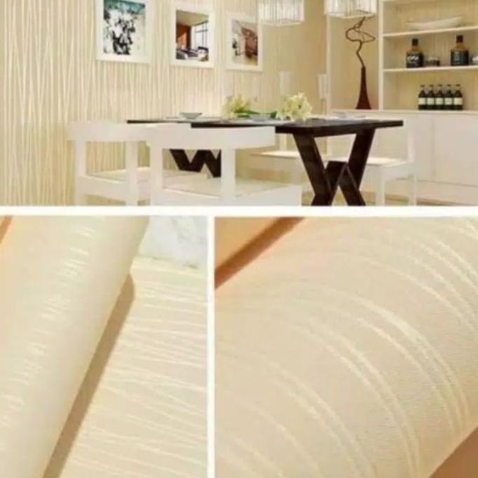 ◌ Wallpaper Sticker Dinding Motif Salur Kream Polos Dan Timbul Mewah Elegan ➮