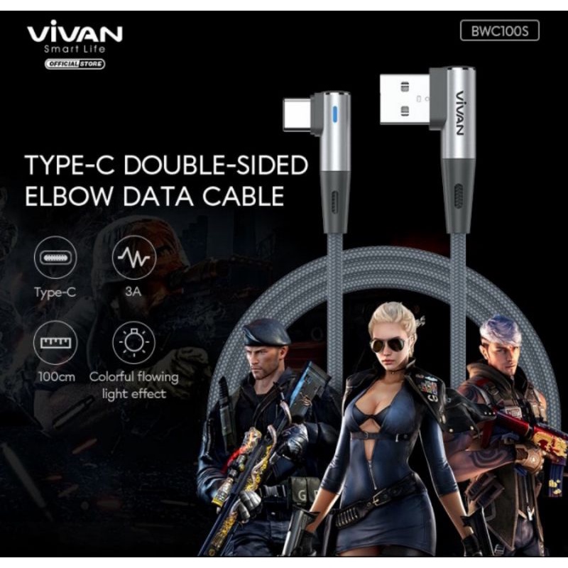 kabel data type c vivan bwc100s usb c elbow gaming gamer 1m 3a qc fastcharging