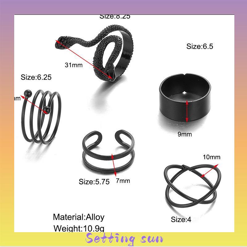 5PCS kreatif ms. Jane cincin wanita menggabungkan cincin ular hitam geometri TN