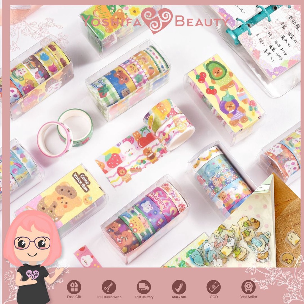 Masking Tape Washi Tape Cartoon Set Rabbit dan Bear 1 Box isi 5 pcs