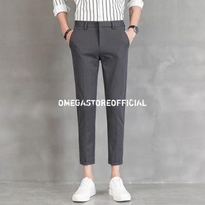 OMEGASTOREOFFICIAL - Celana Ankle Pants Pria (formal, bahan, kantor, kain, kerja) Panjang Slimfit - Abu Tua