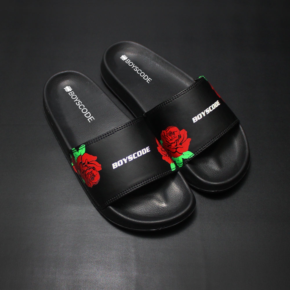 Sendal Selop Pria Wanita Distro Boyscode Red Rose Black Color / Sendal Slip On Pria / Sendal Slide Pria