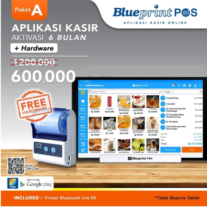 PAKET APLIKASI KASIR ANDROID BLUEPRINT POS 6 BULAN FREE PRINTER KASIR