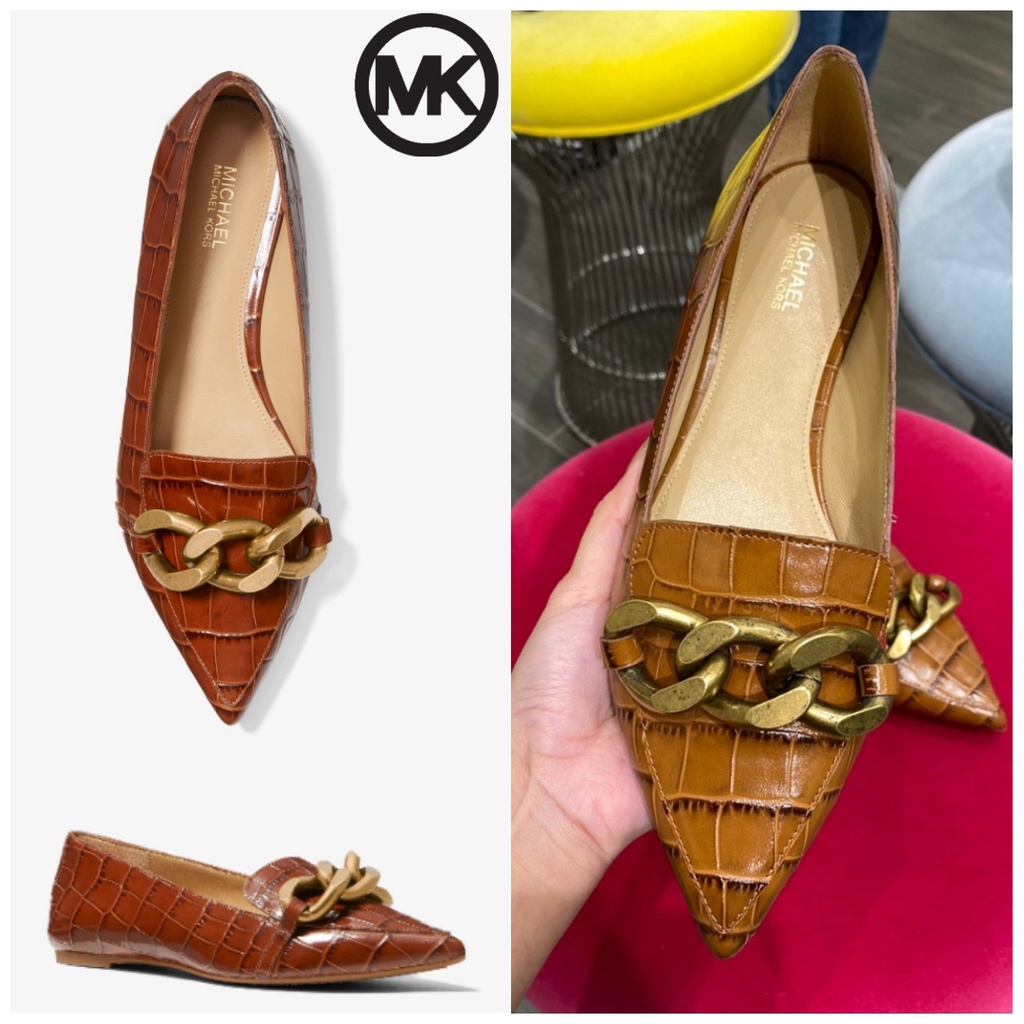 Sepatu Michael Kors  Scarlett Flex Chain Link Crocodile Embossed Leather Loafer Original Flat Shoes