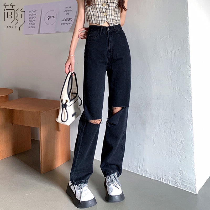 Hitam Import Fashion High Waist Robek Celana Jeans Panjang Wanita