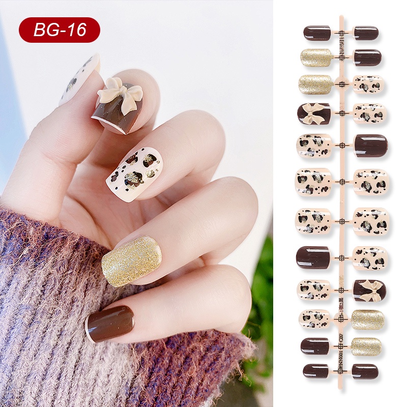 24pcs / Set Kuku Palsu Bahan Akrilik Motif Harimau / Mawar Putih / Pita Untuk Nail Art