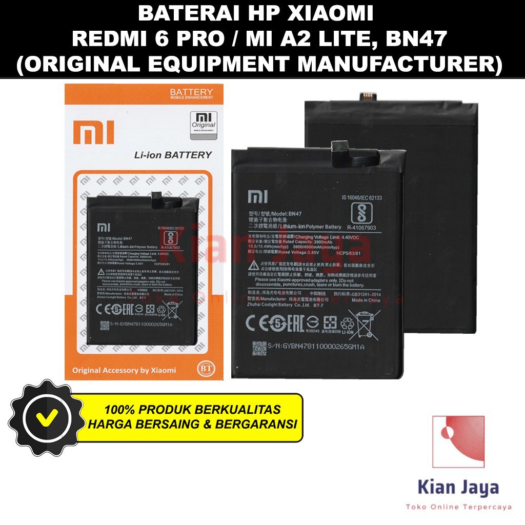 Baterai Redmi 6 Pro / Mi A2 Lite BN47 Original OEM Batre Batrai Battery Handphone Hp MiA2 Ori