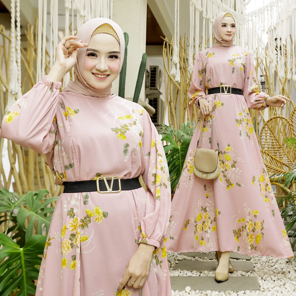 HOPYLOVY - Gamis Wanita Maxi Dress welia flower FREE Belt V