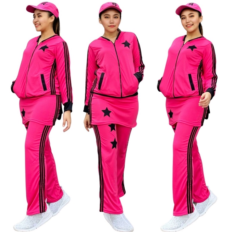Stelan Baju Senam Rok Bintang Pink Fanta Hitam Set Setelan Olahraga Panjang Training