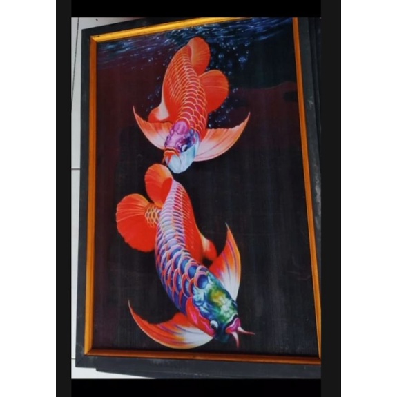 hiasan dinding lukisan cetak ikan arwana golden red plus bingkai ukuran 65x45