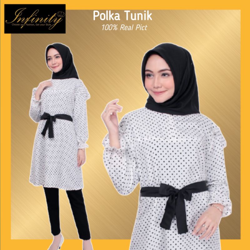baju atasan tunik wanita polka dot polkadot hitam putih monalisa