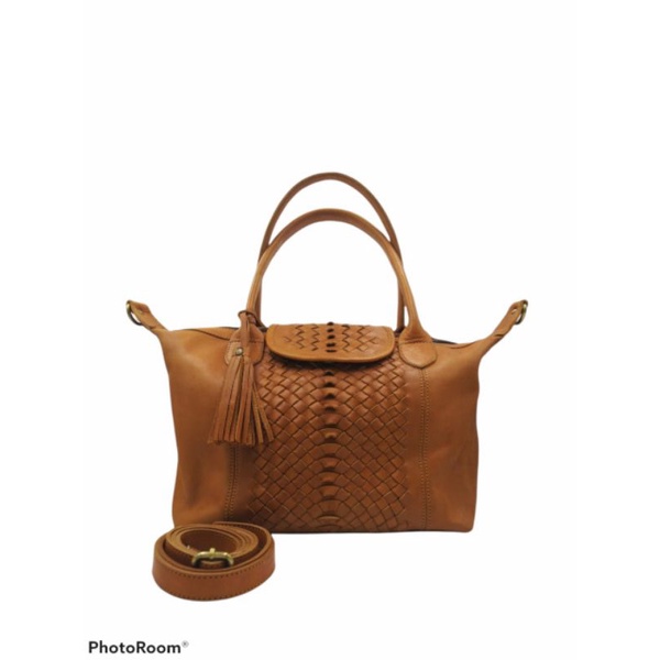 Tas Kulit Wanita Long Cham Woven Tengah Anyam Miring 1cm