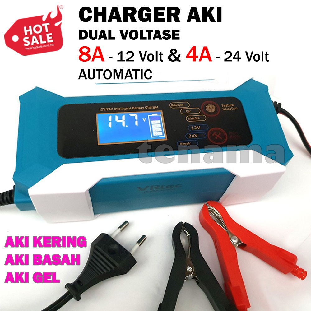 VRtec Charger Aki 12V 8A - 24V 4A Full LCD Intelligent Automatic Mobil Motor