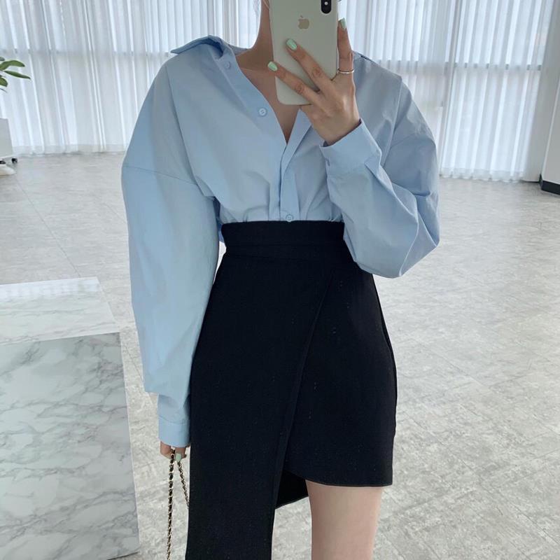 Shifon blus Korea sederhana lembut biru kerah longgar kemeja lengan puff single-breasted + pin