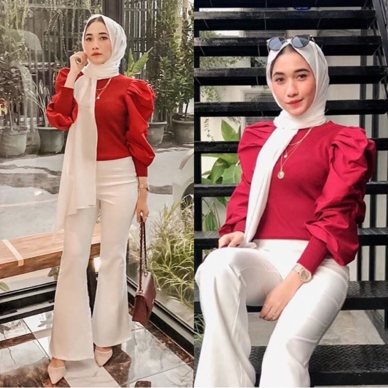 Atasan Wanita Blouse Rajut Bangkok Lengan Balon Import Premium Original Blus Model Lesti Puff Polos