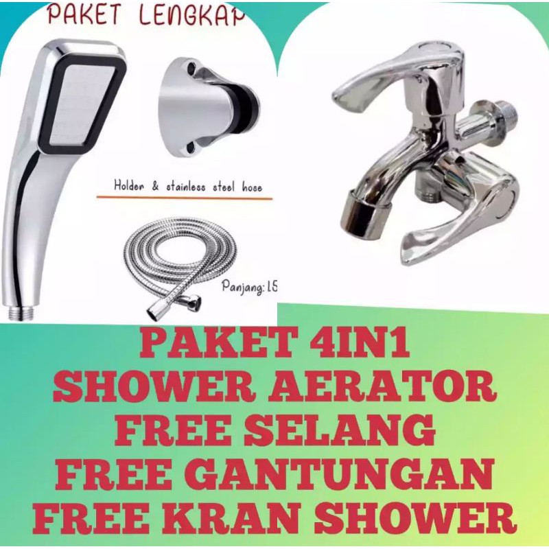 Paket Keran 4 in 1 Komplit Shower Aerator Free Selang FREE Gantungan Free Kepala Keran