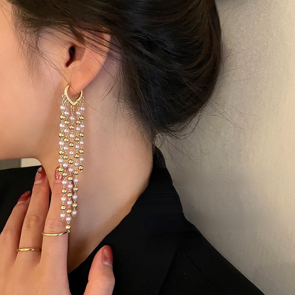 Anting Gantung Panjang Model Rumbai Dengan Mutiara Untuk Wanita